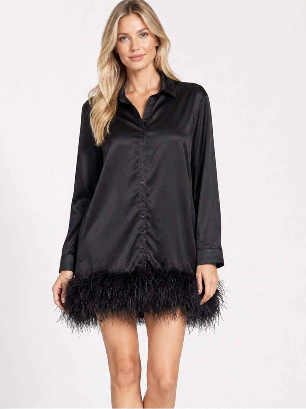 Club L London Black Satin Feather Trim Shirt Mini Dress Size US 2